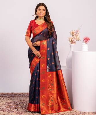 Blue ethnic woven tissue silk blend saree 1
