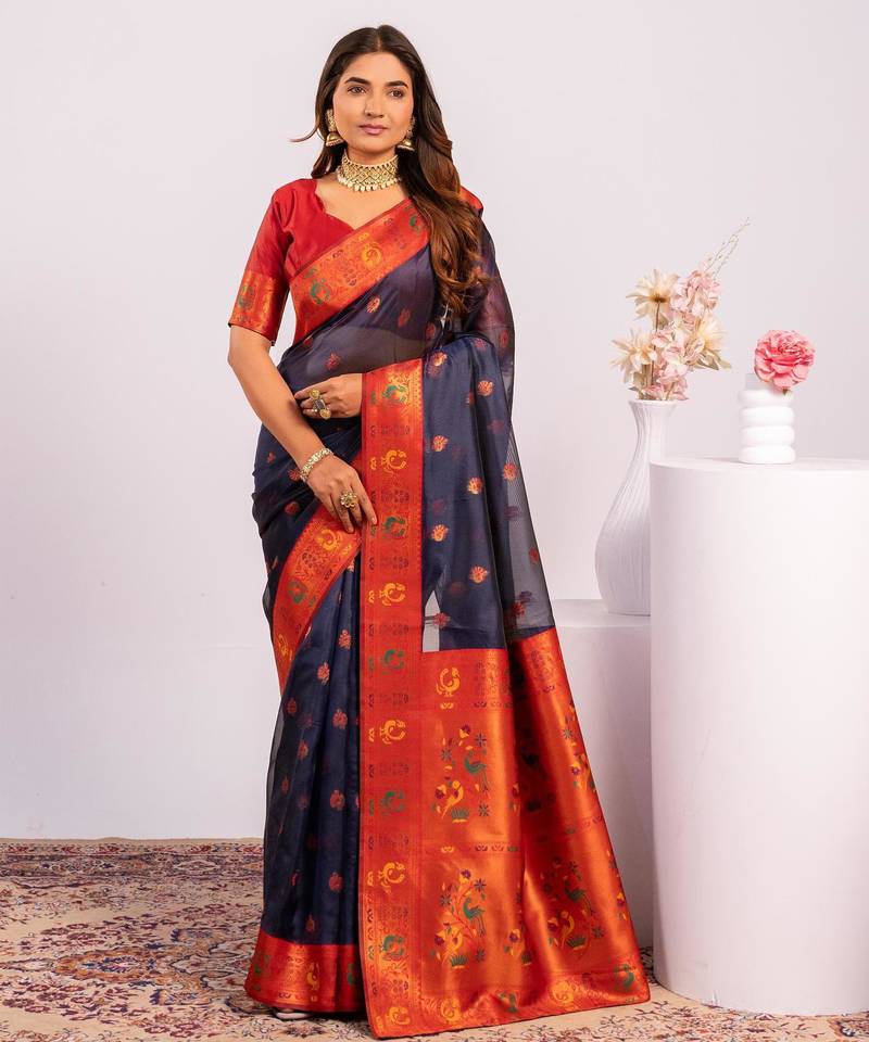 Blue color beautiful ethnic woven designer tissue silk saree