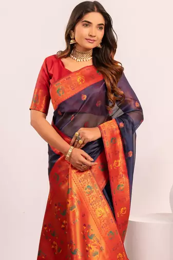 Blue ethnic woven tissue silk blend saree