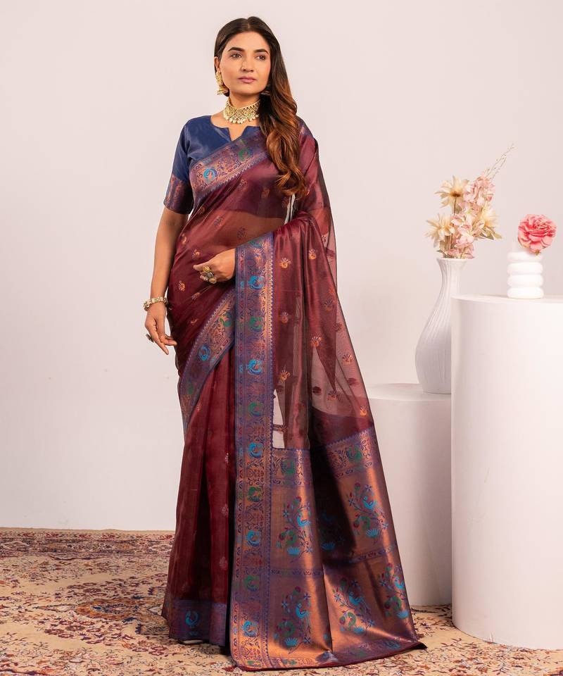 Coffee color beautiful ethnic woven designer tissue silk saree
