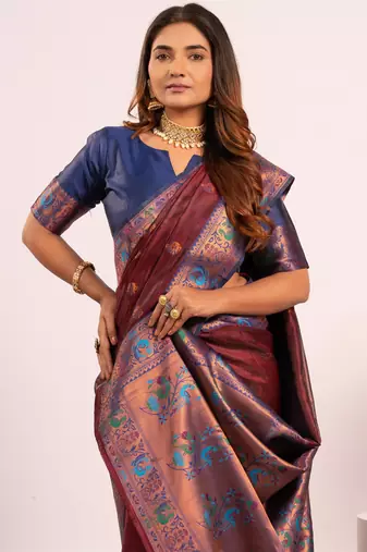 Coffee ethnic woven tissue silk blend saree