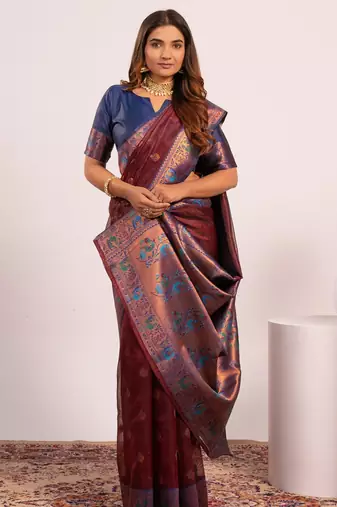 Coffee ethnic woven tissue silk blend saree
