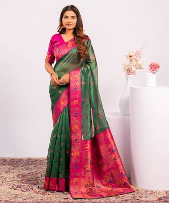 Green ethnic woven tissue silk blend saree 1