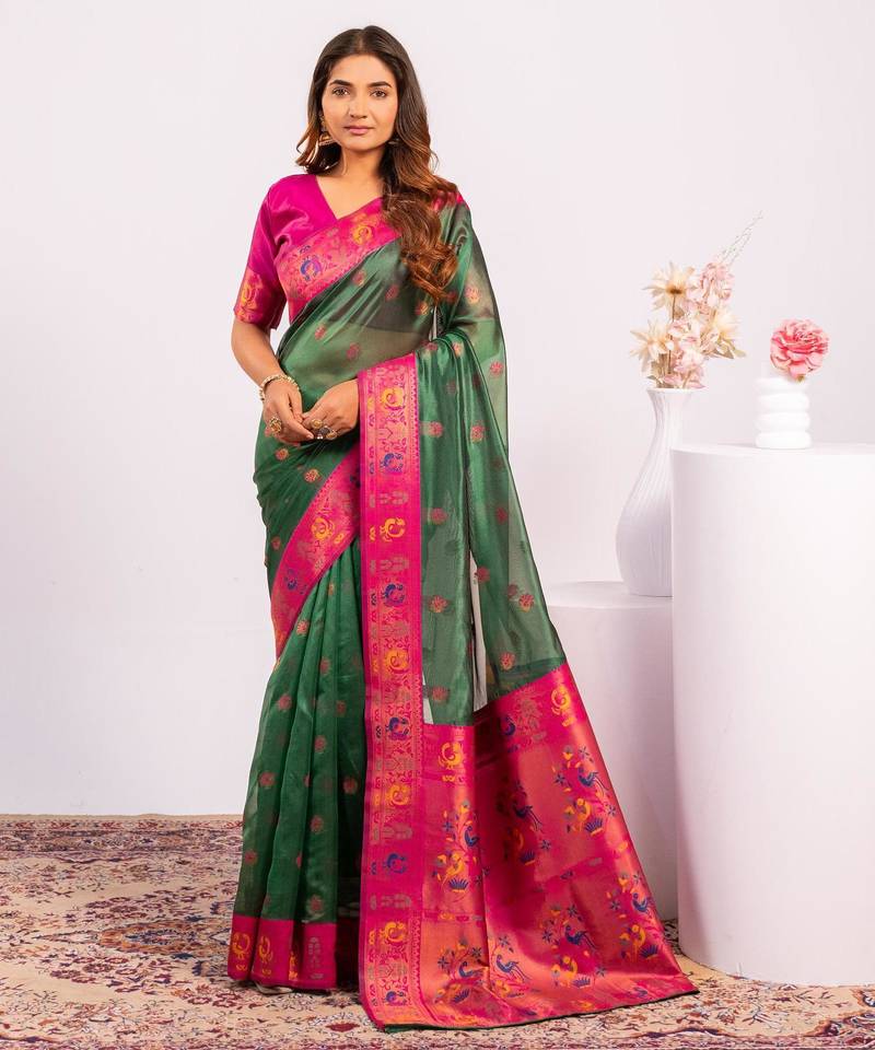 Green color beautiful ethnic woven designer tissue silk saree