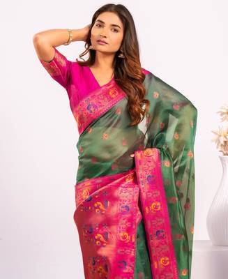 Green ethnic woven tissue silk blend saree 3
