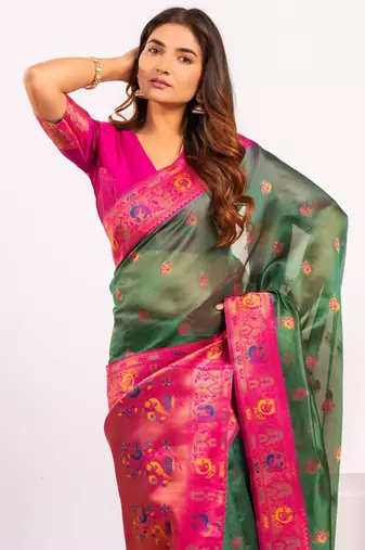 Green ethnic woven tissue silk blend saree