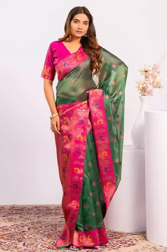 Green ethnic woven tissue silk blend saree