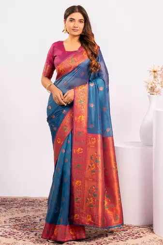 Teal beautiful ethnic woven designer tissue silk saree