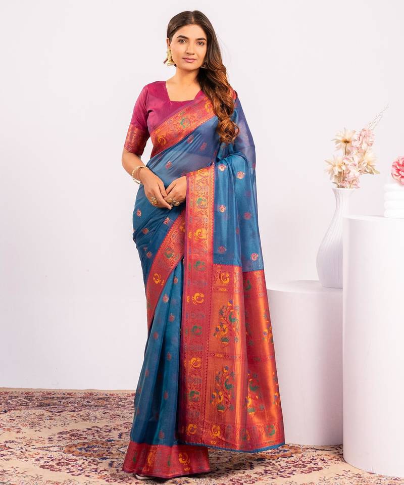 Teal color beautiful ethnic woven designer tissue silk saree