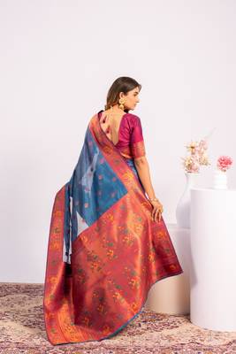 Teal ethnic woven tissue silk blend saree 2