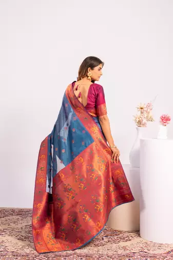 Teal ethnic woven tissue silk blend saree