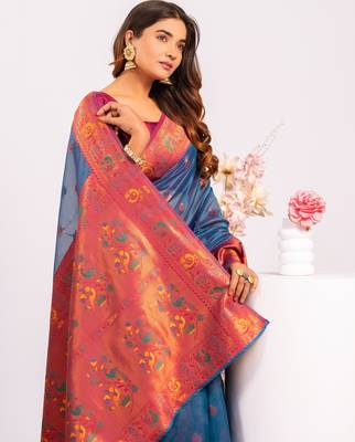 Teal ethnic woven tissue silk blend saree 3