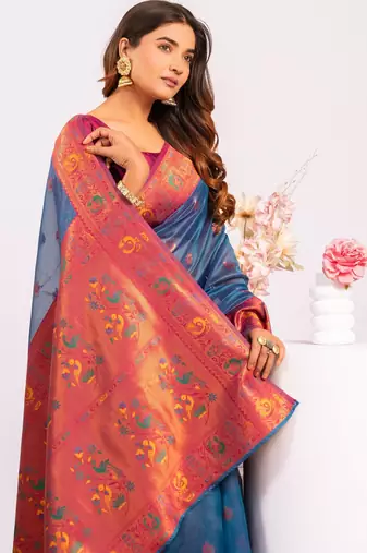 Teal ethnic woven tissue silk blend saree
