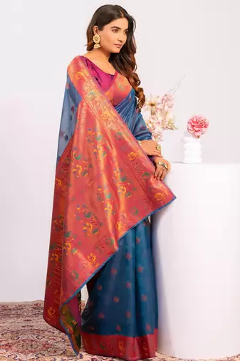 Teal ethnic woven tissue silk blend saree
