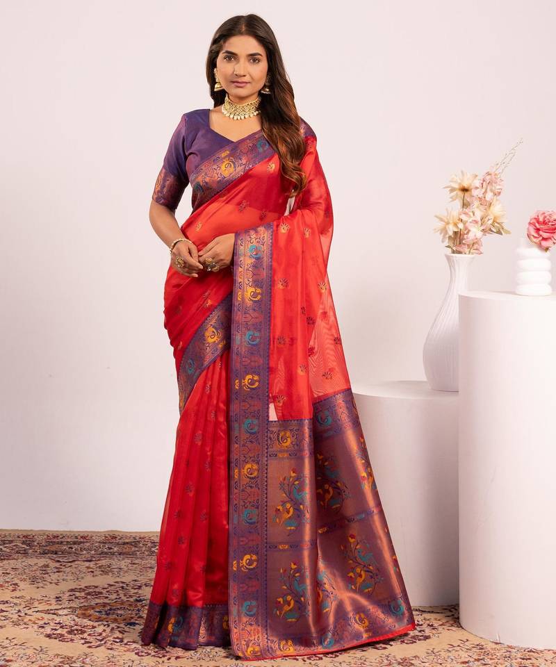 Red color beautiful ethnic woven designer tissue silk saree