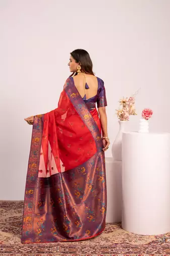 Red ethnic woven tissue silk blend saree
