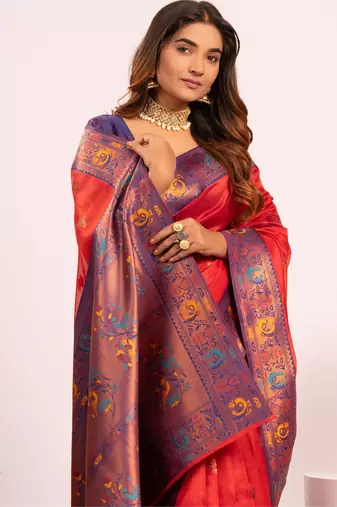 Red ethnic woven tissue silk blend saree