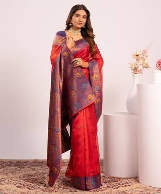Red ethnic woven tissue silk blend saree 4