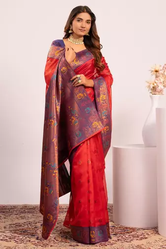 Red ethnic woven tissue silk blend saree