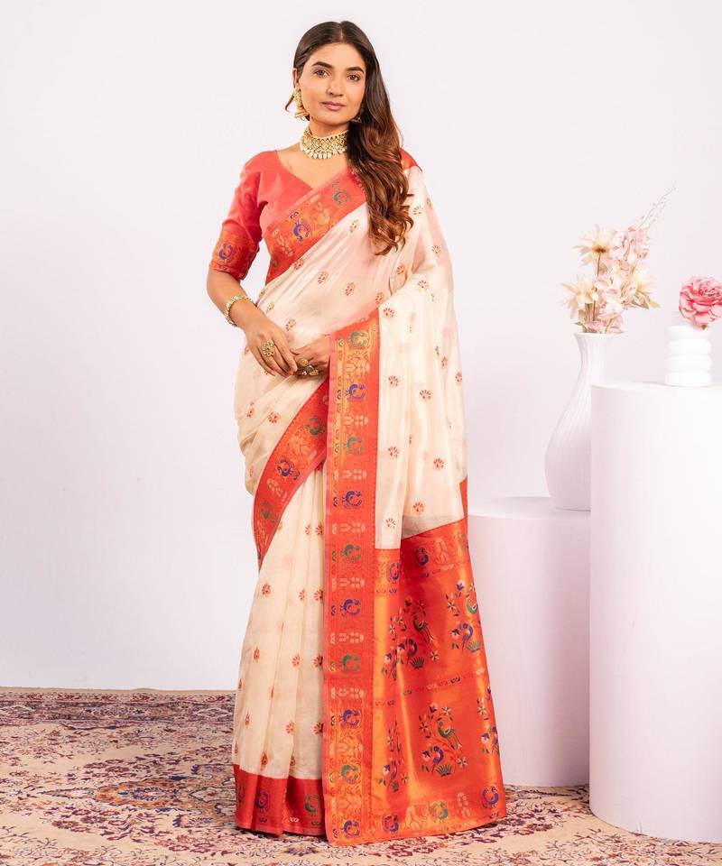 White color beautiful ethnic woven designer tissue silk saree