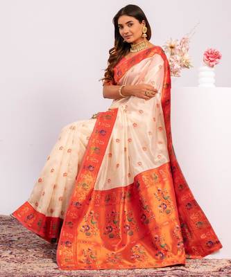 White ethnic woven tissue silk blend saree 3