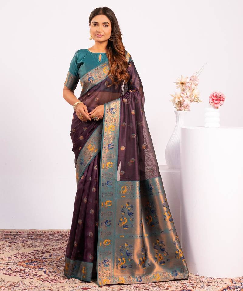 Wine color beautiful ethnic woven designer tissue silk saree