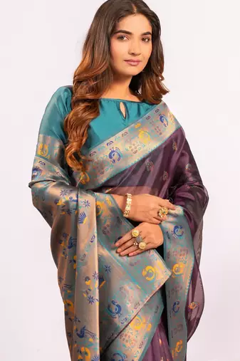Wine ethnic woven tissue silk blend saree
