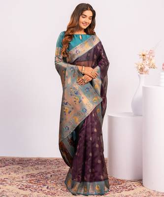 Wine ethnic woven tissue silk blend saree 4