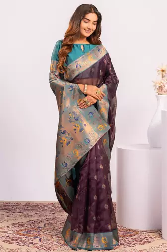 Wine ethnic woven tissue silk blend saree