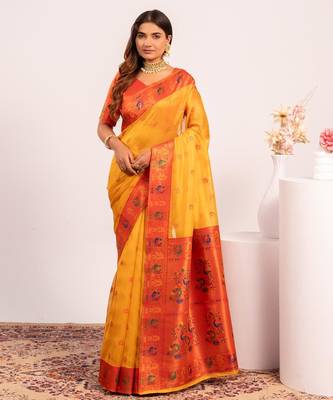 Yellow ethnic woven tissue silk blend saree 1