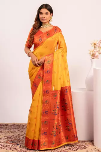 Yellow beautiful ethnic woven designer tissue silk saree