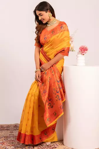 Yellow ethnic woven tissue silk blend saree