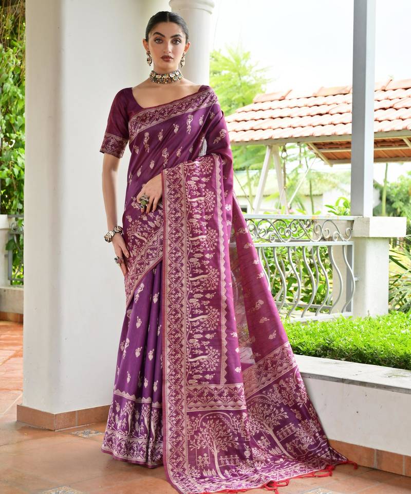 Wine color banglori raw silk  weaving warli designer  rich look classy saree