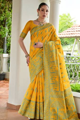 Yellow color banglori raw silk  weaving warli designer  rich look classy saree