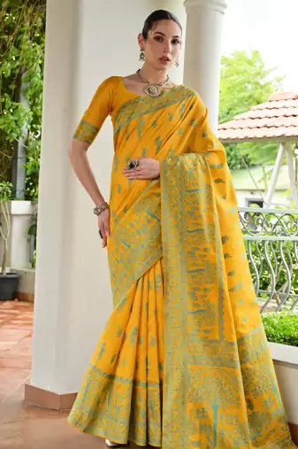 Yellow banglori raw silk weaving warli designer rich look classy saree