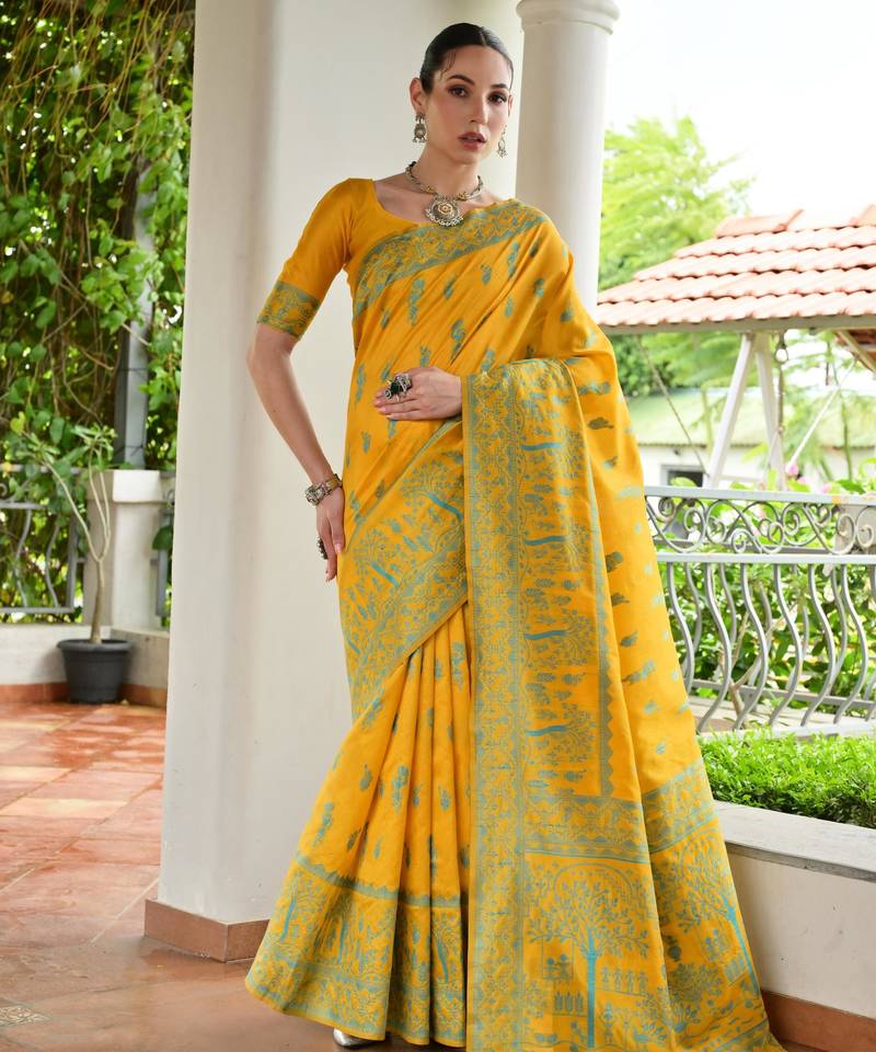 Yellow color banglori raw silk  weaving warli designer  rich look classy saree