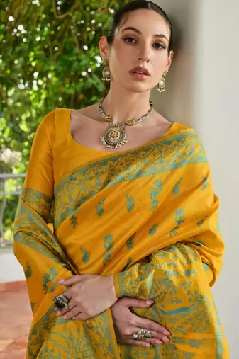 Yellow banglori raw silk blend weaving warli rich look classy saree