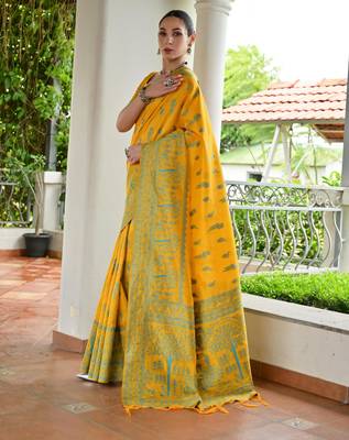 Yellow banglori raw silk blend weaving warli rich look classy saree 4