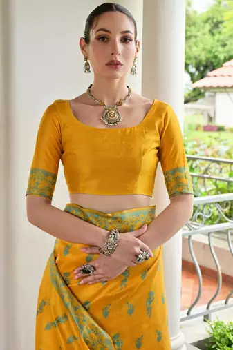Yellow banglori raw silk blend weaving warli rich look classy saree