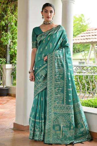 Sea green color banglori raw silk  weaving warli designer  rich look classy saree