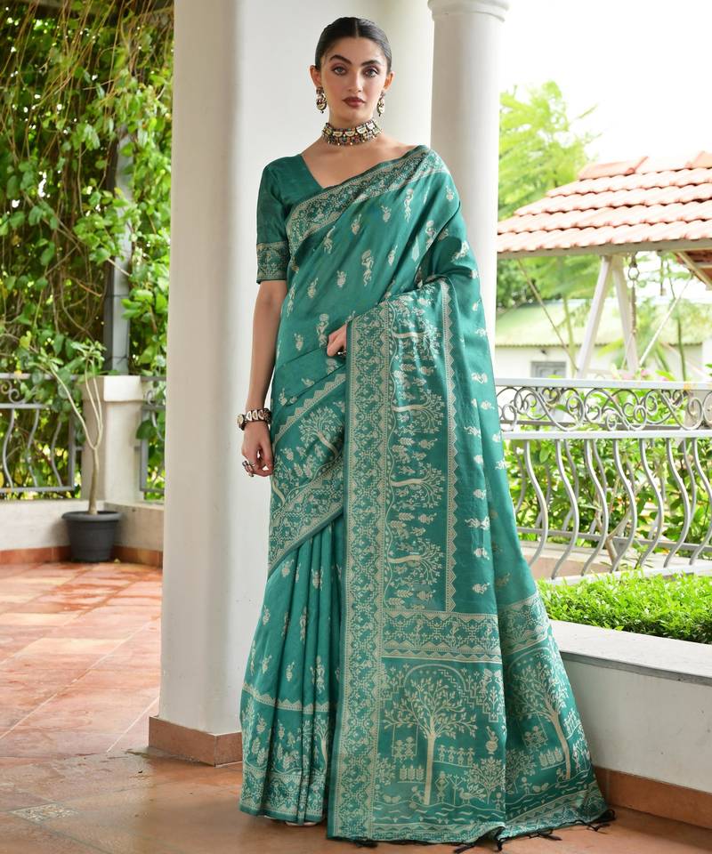 Sea green color banglori raw silk  weaving warli designer  rich look classy saree