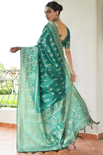 Sea green banglori raw silk blend weaving warli rich look classy saree