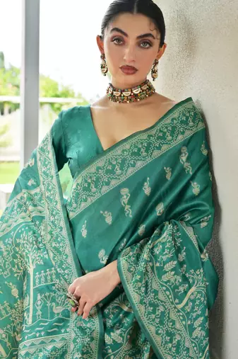 Sea green banglori raw silk blend weaving warli rich look classy saree