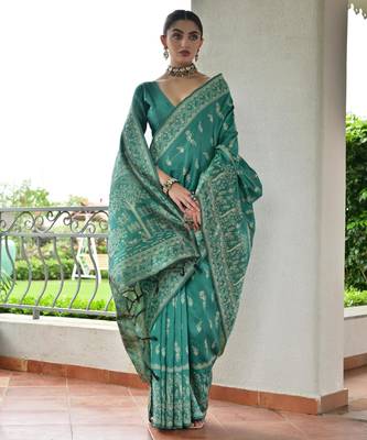Sea green banglori raw silk blend weaving warli rich look classy saree 4