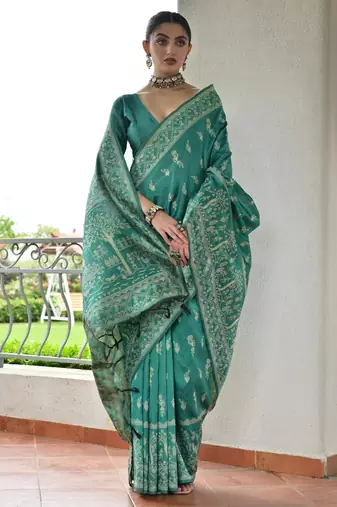 Sea green banglori raw silk blend weaving warli rich look classy saree