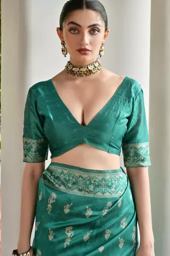 Sea green banglori raw silk blend weaving warli rich look classy saree