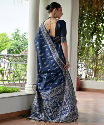 Blue banglori raw silk blend weaving warli rich look classy saree 2