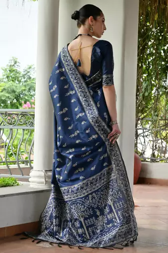 Blue banglori raw silk blend weaving warli rich look classy saree