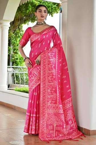 Pink color banglori raw silk  weaving warli designer  rich look classy saree
