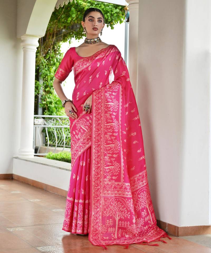 Pink color banglori raw silk  weaving warli designer  rich look classy saree